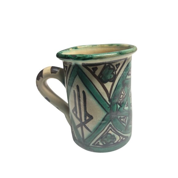 Handcrafted Ceramic Mug With Green & Black Geometric Patterns Striped Handle Uni - Picture 1 of 6